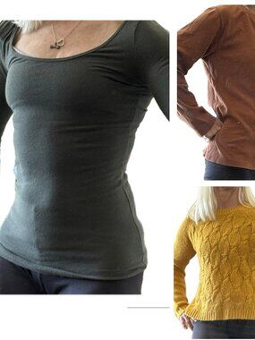 3 Tops Fitted Loose & Easy Going Warm Apricot Cinnamon Forest Green Szs XS-2
